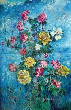フラワーズ Painting - 青い背景のバラ 1960 年のモダンな装飾の花